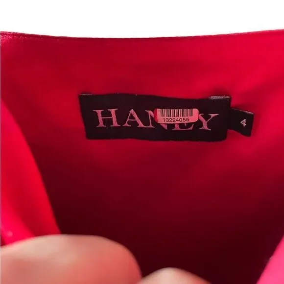 Haney Olivia Red Stretch Satin Polka Dot Handkerchief Hem Midi Dress 4 $890 - Picture 8 of 13